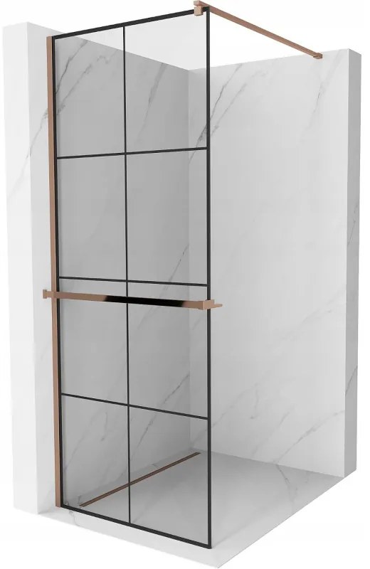 Mexen Kioto+ ścianka prysznicowa z półką Walk-in 90 x 200 cm, czarny wzór, różowe złoto - 800-090-121-60-77