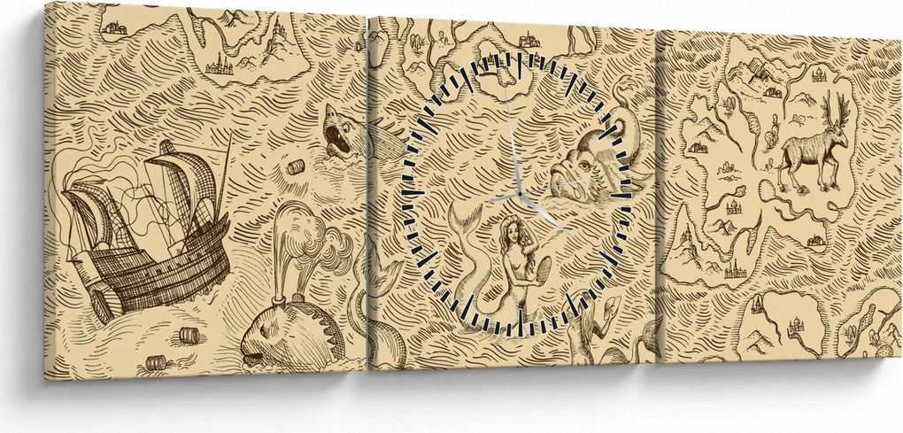 Obraz - Zabytkowa mapa, ilustracje (z zegarem) (90x30 cm)
