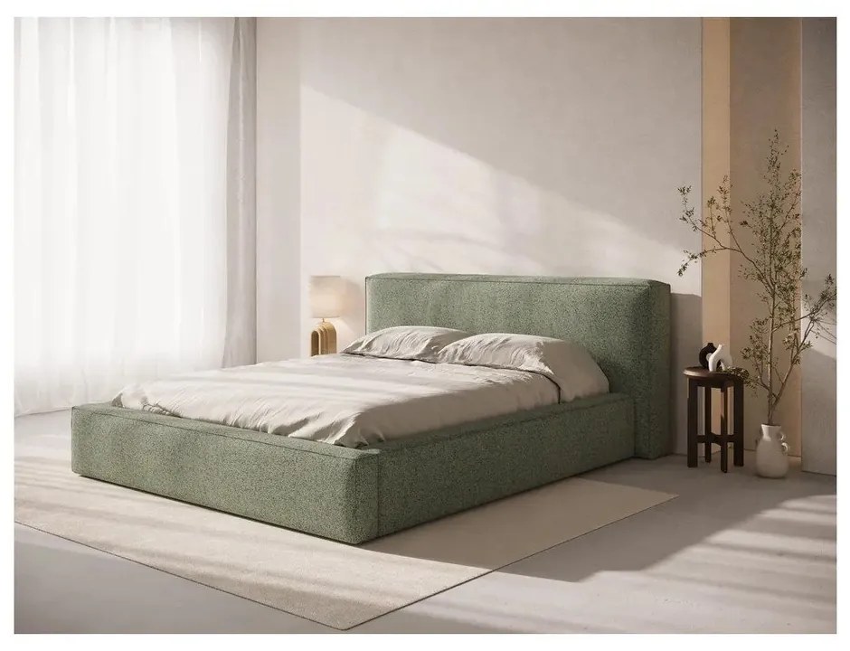 Zielone tapicerowane łóżko dwuosobowe ze schowkiem ze stelażem 160x200 cm Simon Olivia – Micadoni