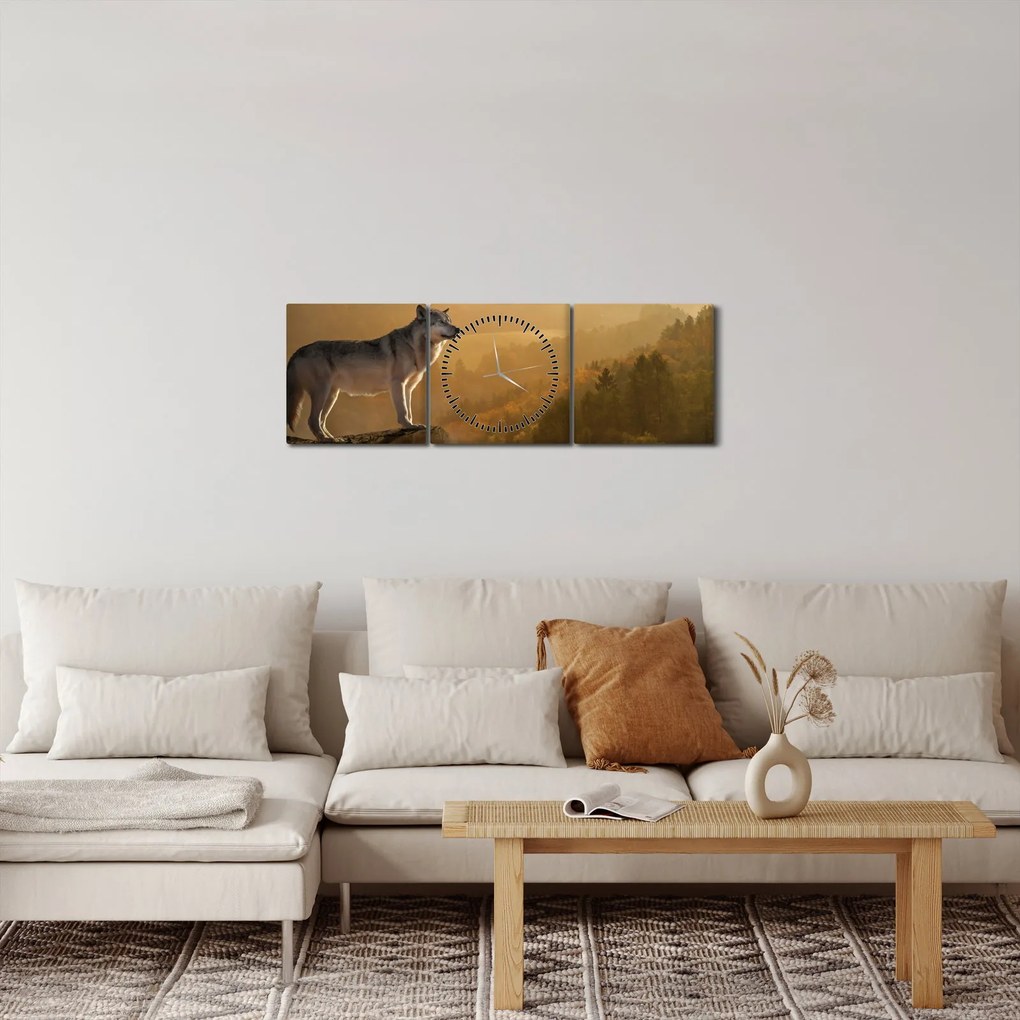 Obraz wilka na skale (z zegarem) (90x30 cm)