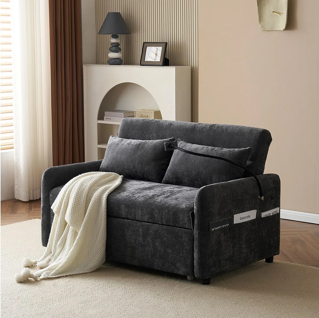 Szara, szenilowa, rozkładana sofa 2-osobowa z portem USB i uchwytem na telefon – do salonu i sypialni