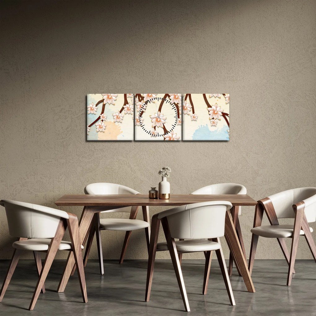Obraz - Kwiaty na gałęziach, kolorowe (z zegarem) (90x30 cm)