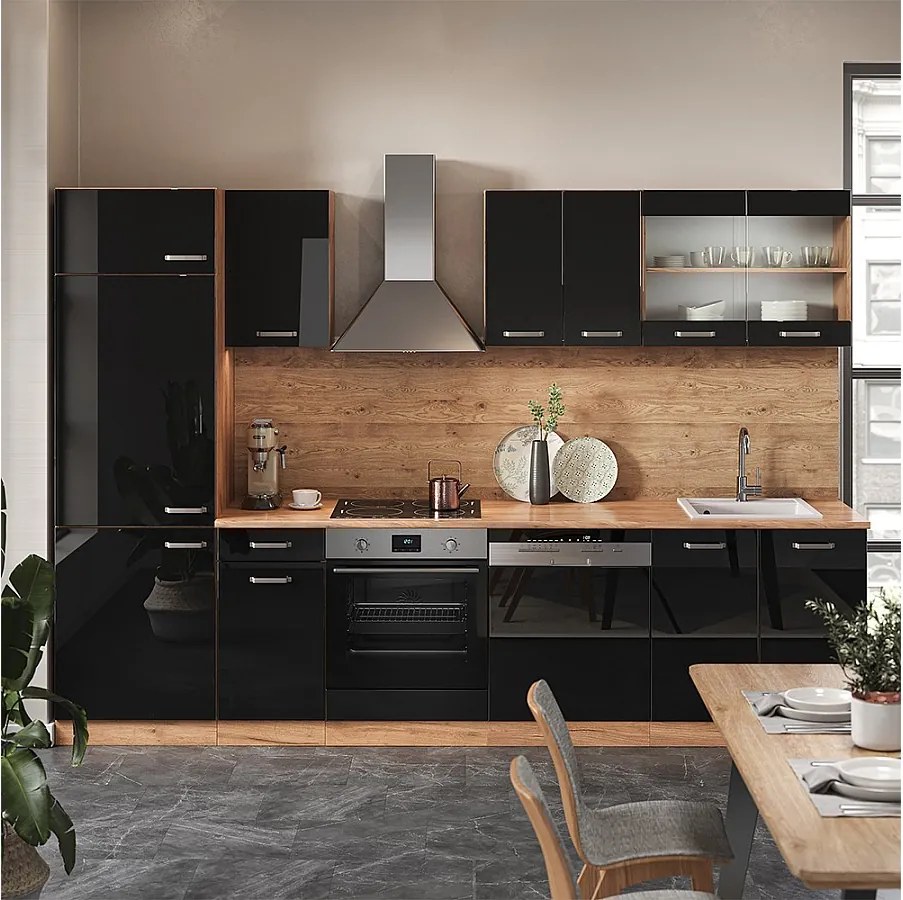 Zabudowa kuchenna czarny/złoty dąb o wysokim połysku 300x46x81.6 r-line