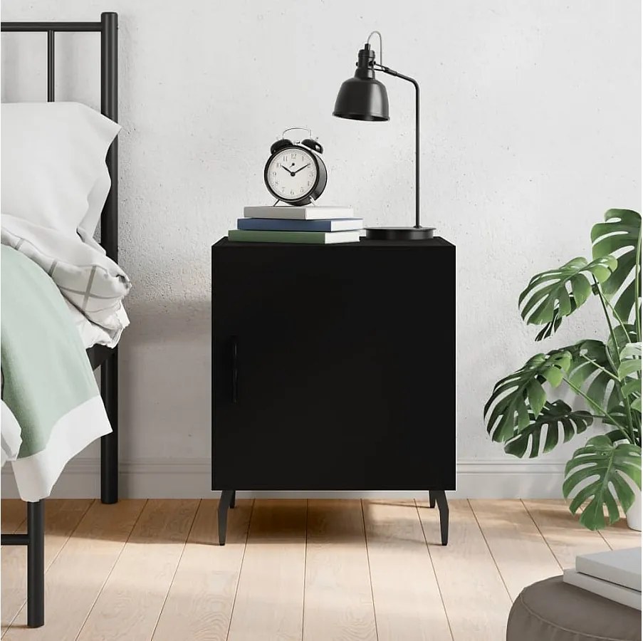 Czarna szafka nocna 40x40x50 cm z drewna inżynieryjnego z drzwiami i metalowymi nogami, pojemne przechowywanie i nowoczesny design