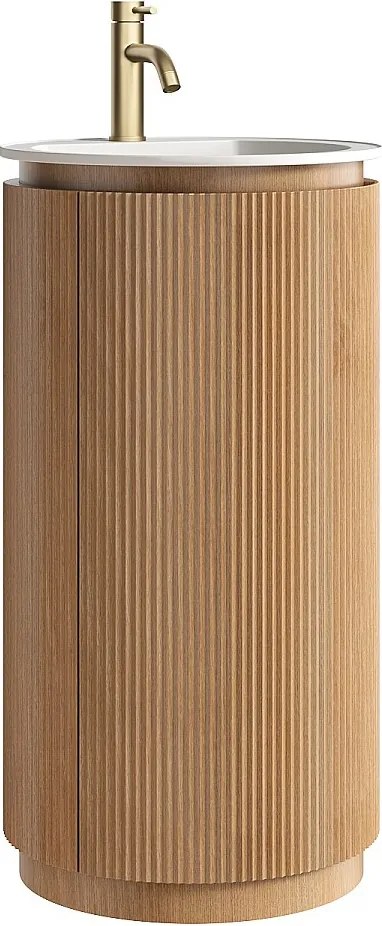 Okrągła szafka podumywalkowa prążkowana do postawienia z litego drewna z umywalką wpuszczaną i baterią - Jasny naturalny - 45 x 45 x 85 cm - NEFIS