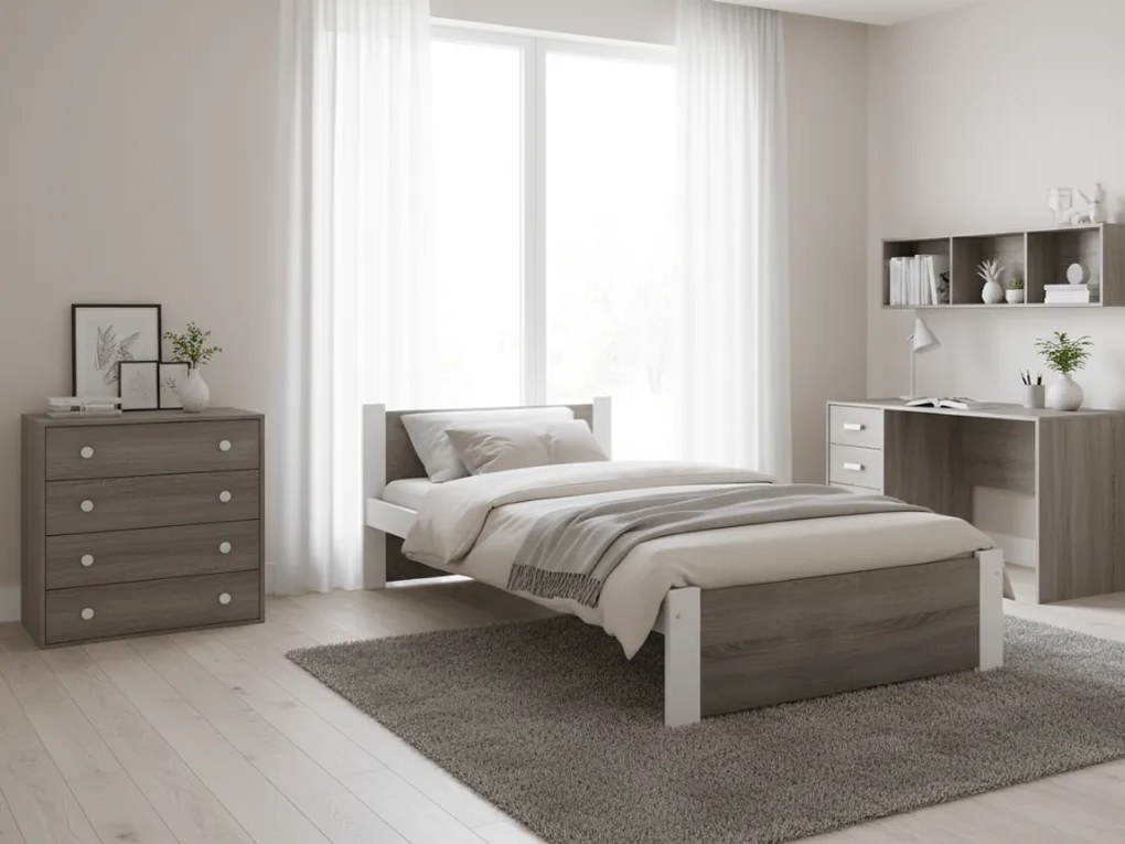 Łóżko IKAROS 90 x 200 cm, biały/dąb truflowy Stelaż: Ze stelażem listwowym rolowanym, Materac: Materac Sommera 18 cm