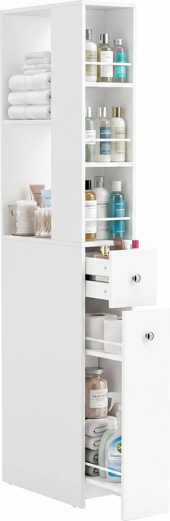 HOMCOM Wysoki, smukły słupek łazienkowy 135 cm z 2 szufladami, 2 bocznymi półkami, 3 przegrodami, 18x40x135 cm, Biały | Aosom PL