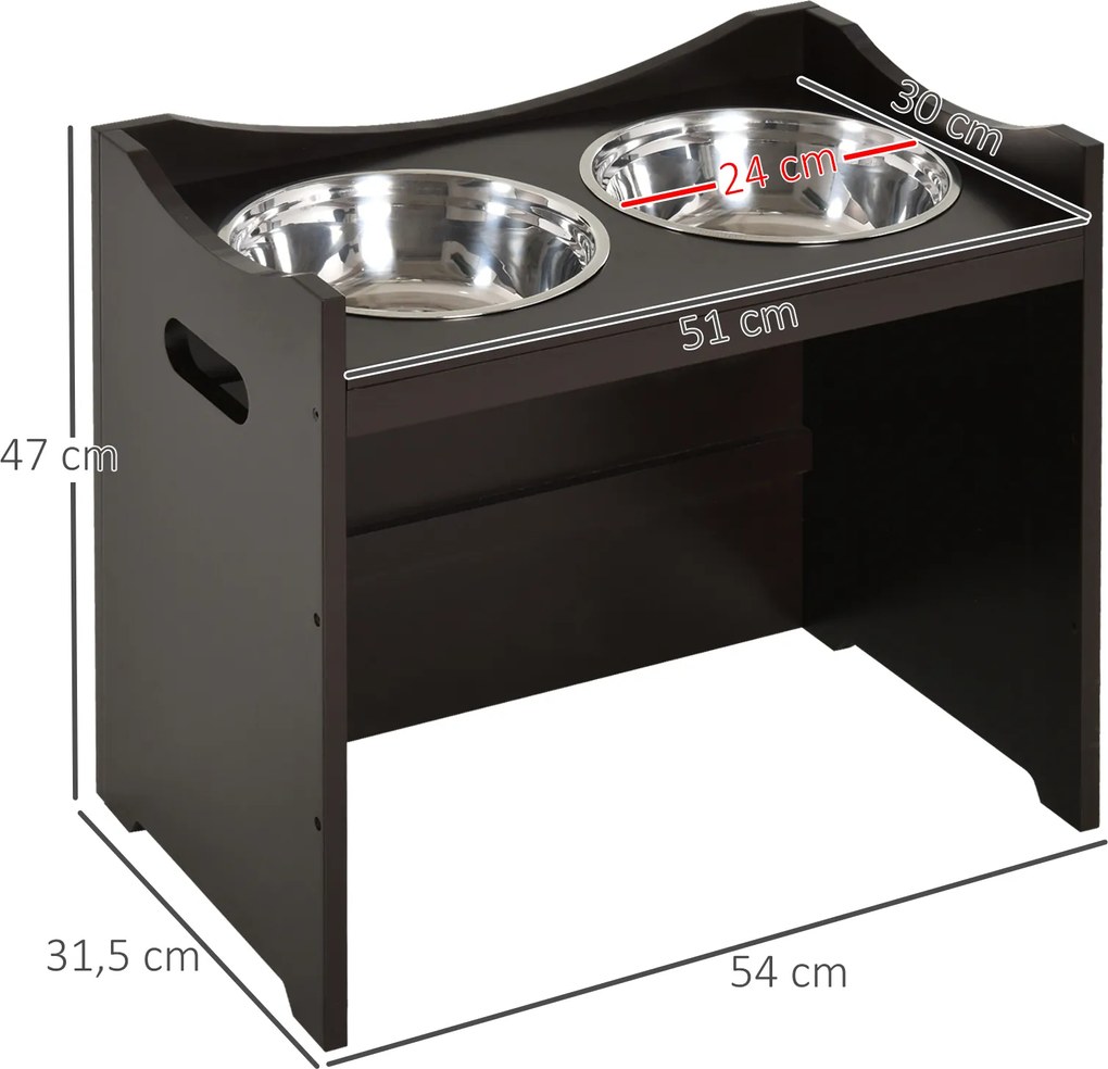 PawHut Miska dla Psów Regulowana Wysokość Stal Nierdzewna MDF Ciemnobrązowy 54x315x47 | Aosom PL