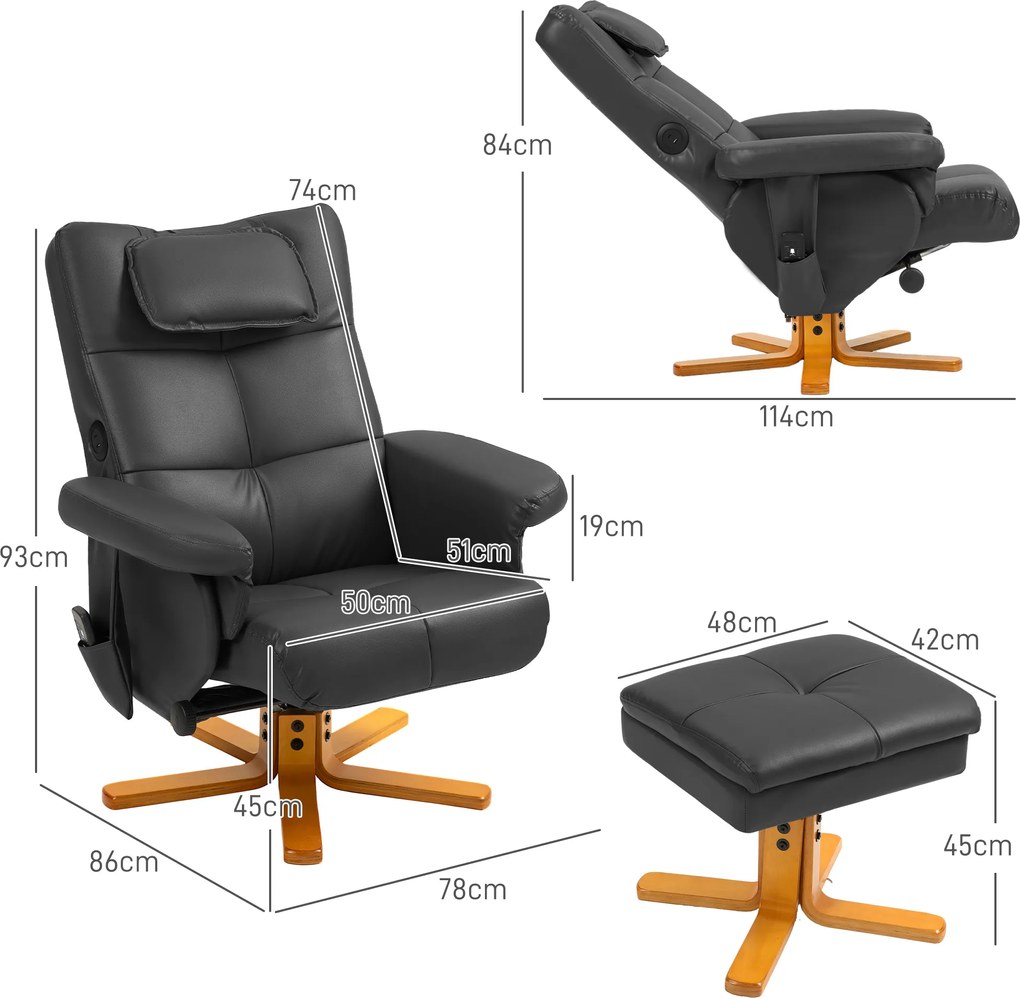 HOMCOM Masażer z Fotelem i Taboretem, Regulowane Oparcie, Port USB, Wykończenie Skóropodobne, do 150 kg, Czarny