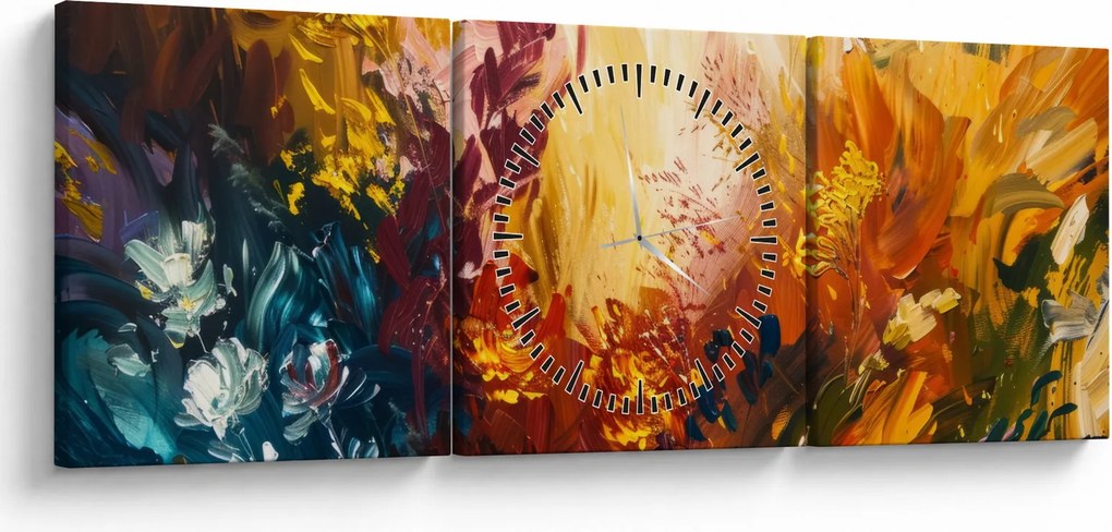 Obraz - Abstrakcyjny obraz kwiatów (z zegarem) (90x30 cm)