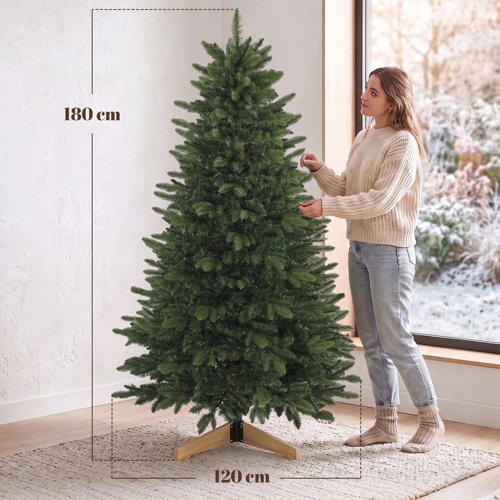 HOMCOM Sztuczna choinka 180 cm, jodła Fraser ze stojakiem drewnianym, 988 realistycznych końcówek gałęzi do domu i biura, zielona | Aosom PL