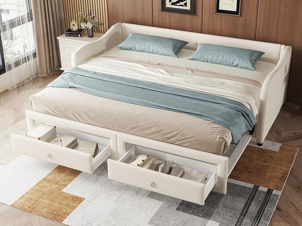 Łóżko piętrowe 90/180x200cm z 2 szufladami - tkanina lniana - Beżowe (materac nie jest w zestawie)