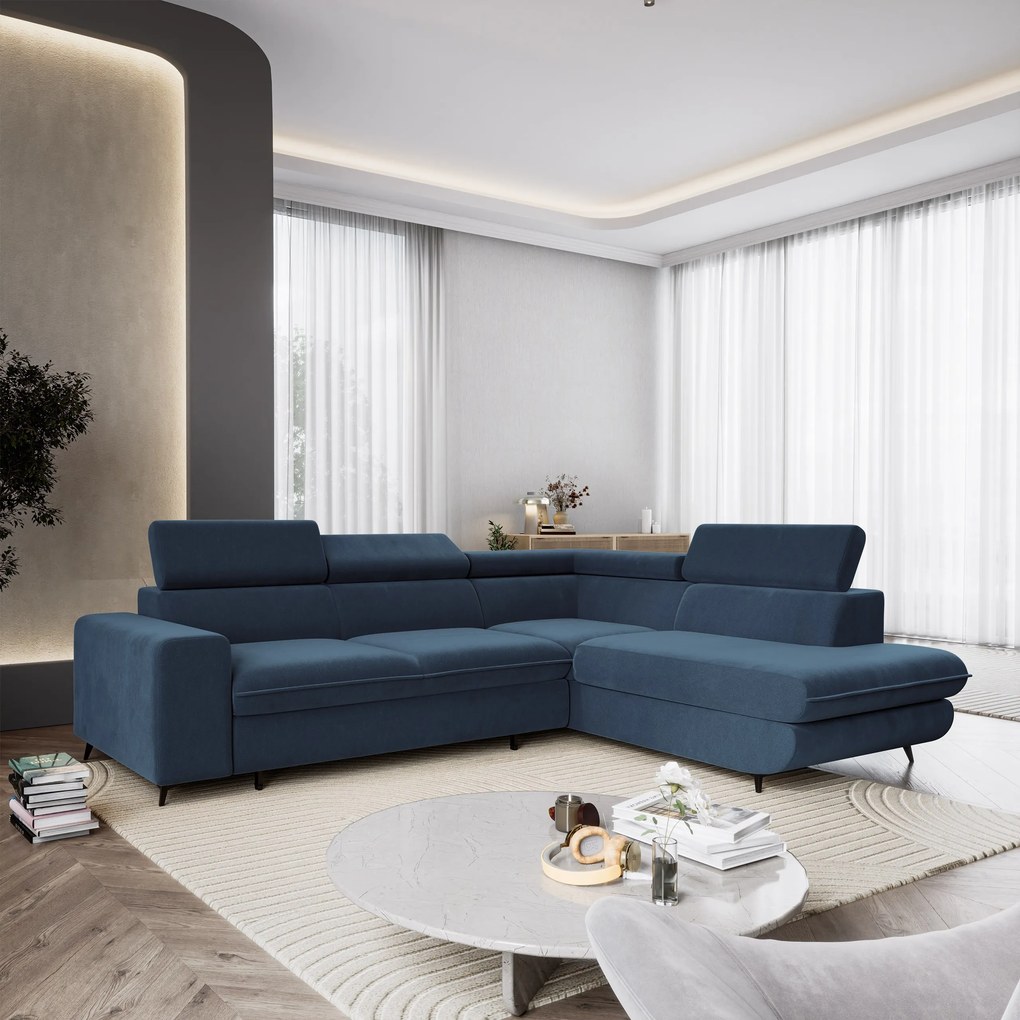Masseno Narożnik VELISS z funkcją spania i pojemnikiem na pościel Narozniki L, Rozkładana sofa - Niebieski, CASTEL 79