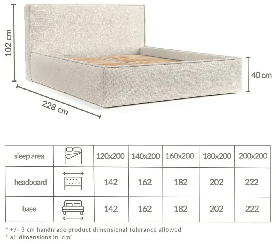 Beżowe tapicerowane łóżko dwuosobowe ze schowkiem i stelażem 160x200 cm Lounge L – Maison de Rêve