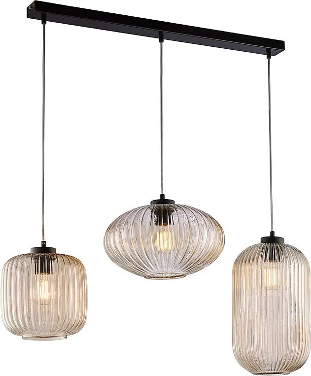 Szyna wisząca z czarnego lakierowanego żelaza z regulowanymi kablami i kloszami z bursztynowego szkła dmuchanego, 3 światła