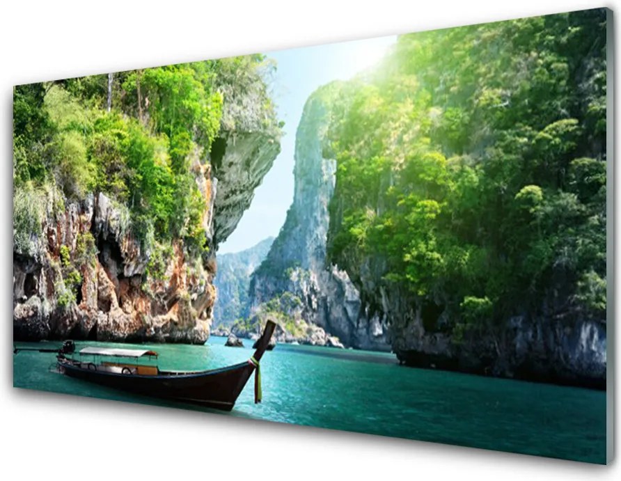 Szkło do Kuchni na Ścianę Łódka Na Górskim Jeziorem