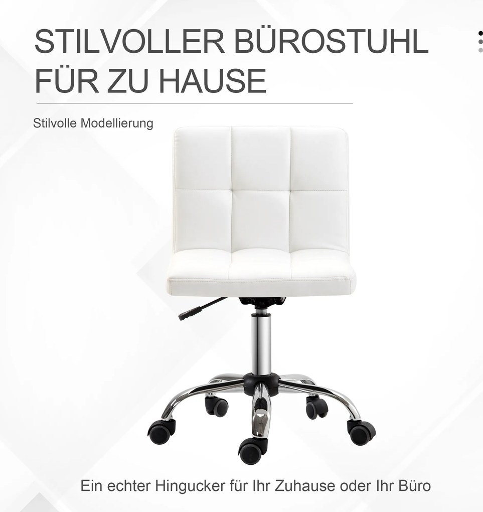 HOMCOM Krzesło Biurowe, Fotel Obrotowy, Skóra Ekologiczna, Konstrukcja ze Stali, 5 Kół, Wyściełane, Białe