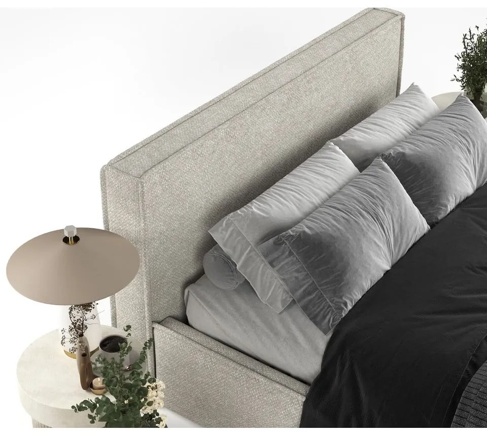 Beżowe tapicerowane łóżko dwuosobowe ze schowkiem i stelażem 200x200 cm Lounge L – Maison de Rêve