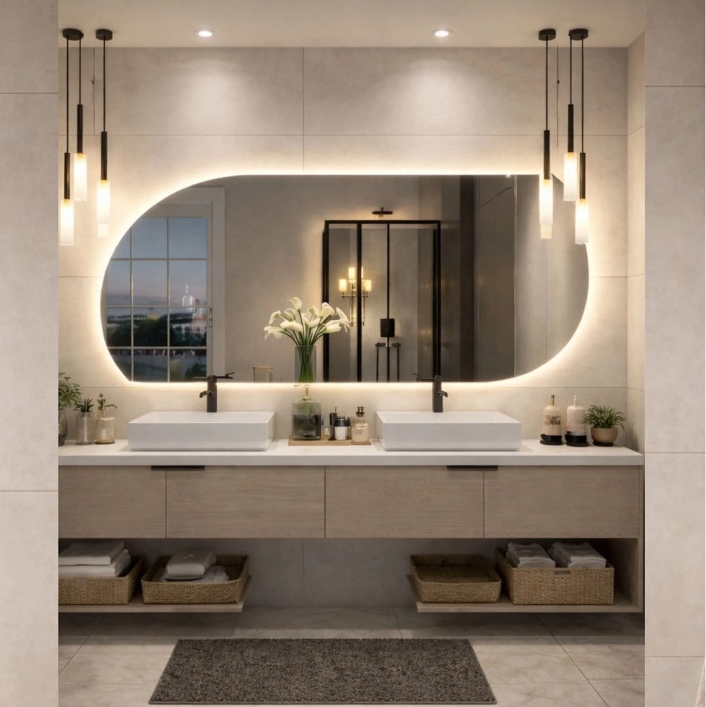 Lustro asymetryczne z podświetleniem MOON Twist LED | Różne rozmiary | Różne kolory : Kolor tafli szkła - Brąz, Rozmiar - 140 x 59 cm