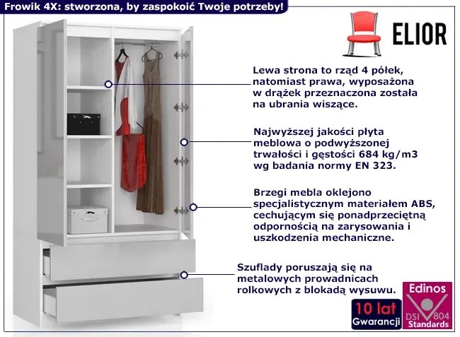 Szafa na ubrania z szufladami biały + metalik połysk Mavox