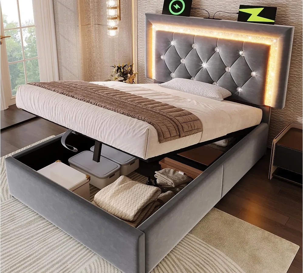 Łóżko tapicerowane ze schowkiem 90x200cm z weluru - z oświetleniem LED - z portami USB i Type-C - z stelażem lamelowym - Szary​ (bez materaca)