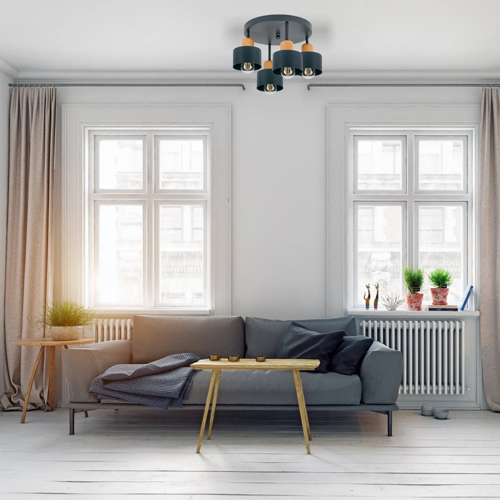 Antracytowa lampa sufitowa, czteropunktowy spot D4BU3030AN z drewna i