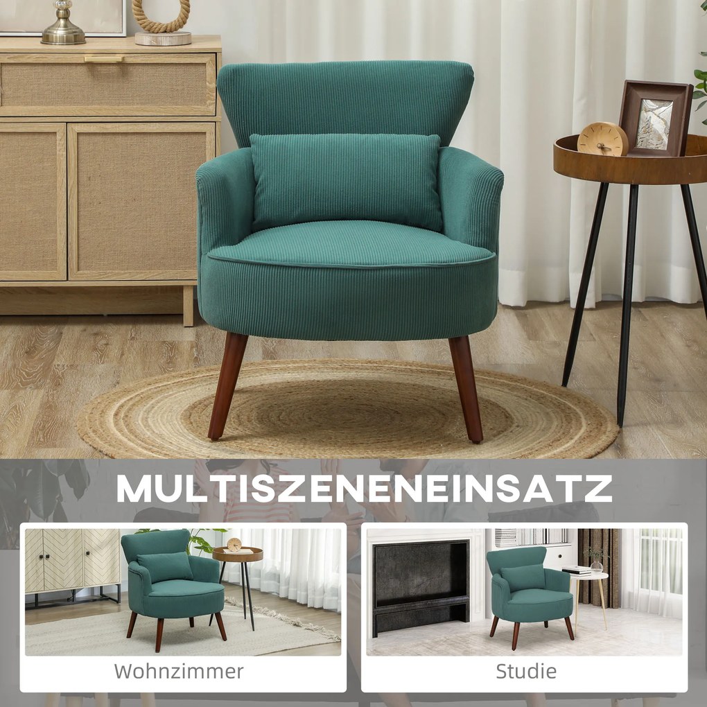 HOMCOM fotel welurowy butelkowa zieleń retro wygodny fotel do salonu i biura z poduszką lędźwiową miękki | Aosom PL