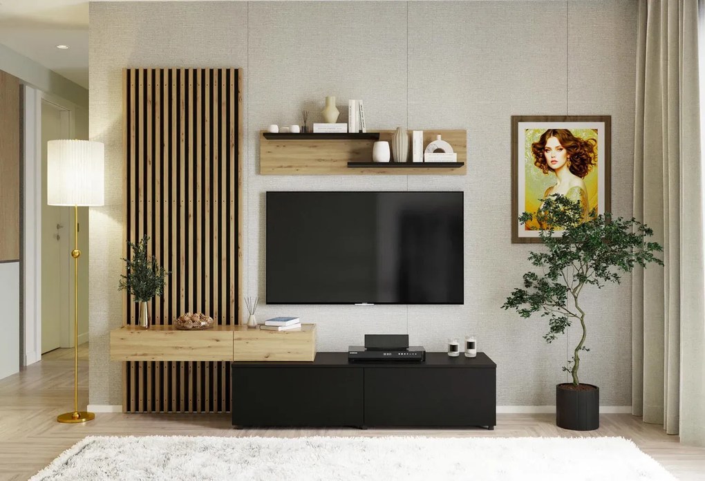 Komplet nowoczesnych mebli dab artisan + czarny H7-R79