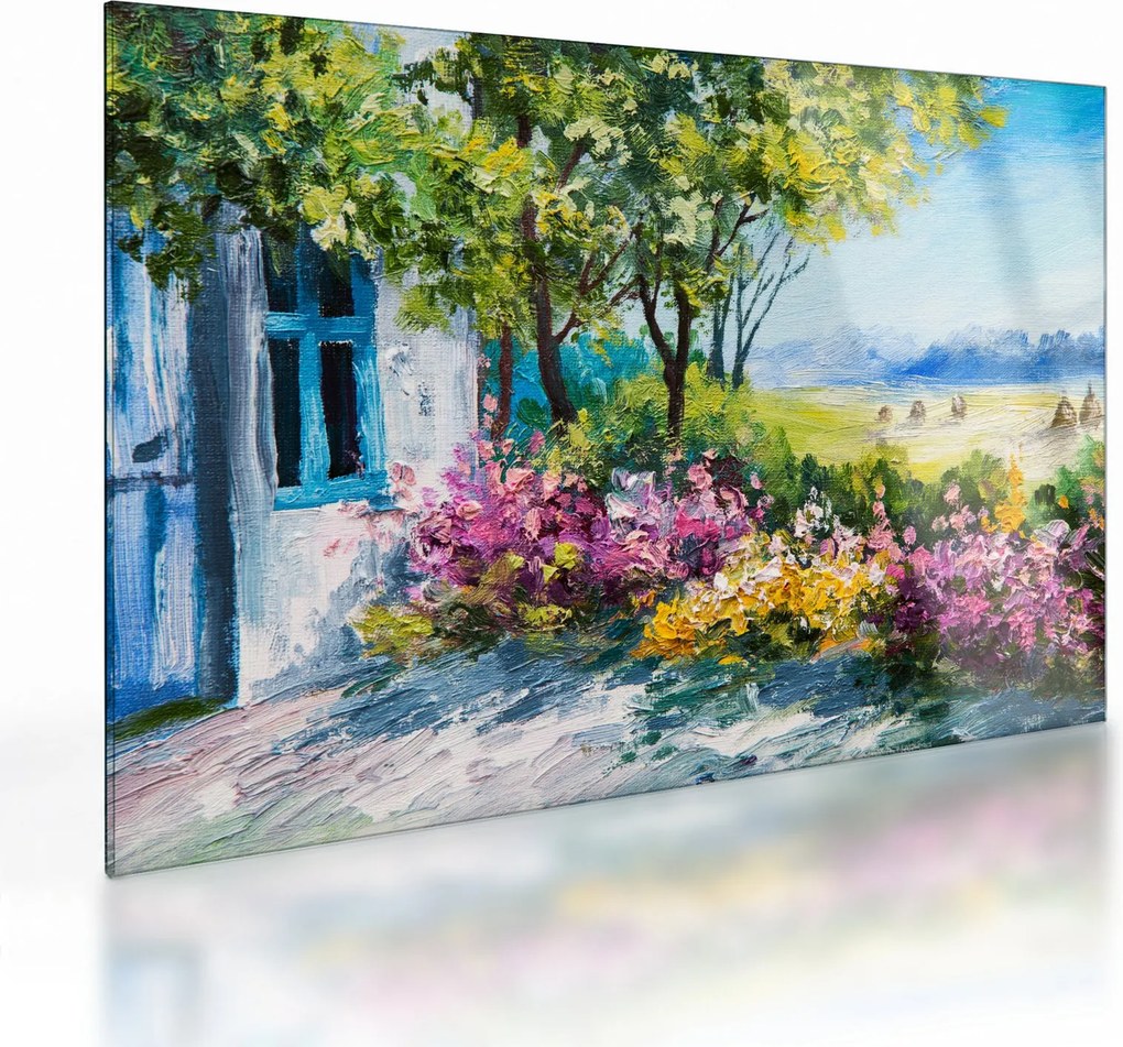 Obraz na szkle ogrodu przed domem, obraz olejny (70x50 cm)