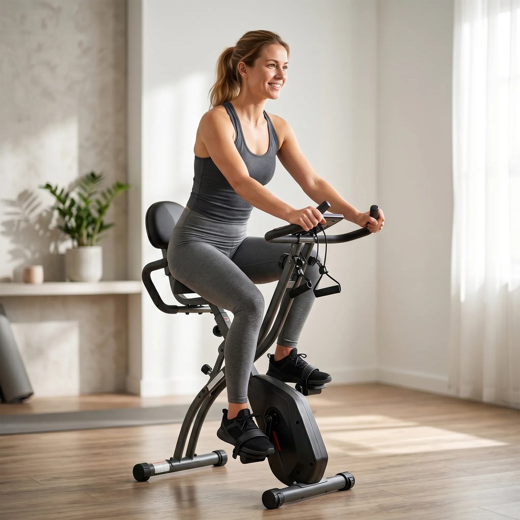 SPORTNOW Rower treningowy 3 w 1 Składany Cichy Leżący ergometr z monitorem LCD Bluetooth Czujnik tętna Taśmy oporowe | Aosom PL