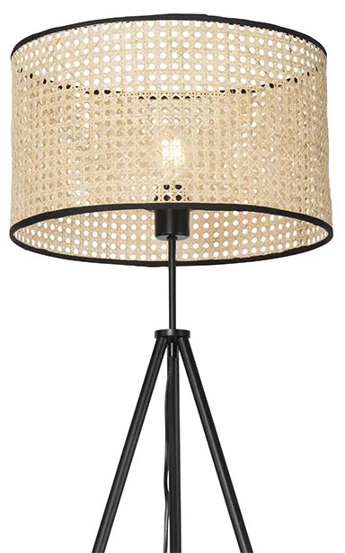 Rustykalna lampa podłogowa trójnóg czarna z abażurem z rattanu - Kata Rustykalny / Vintage Oswietlenie wewnetrzne