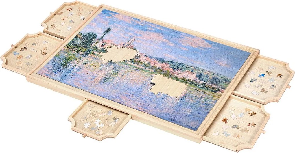Deska do Puzzli SucceBuy 1000 Elementów, Stół do Puzzli z Drewna 73.6 x 53.5 cm, 360° Obrotowa i Przenośna Platforma Puzzli, z 5 Szufladami i Przydatną Pokrywą