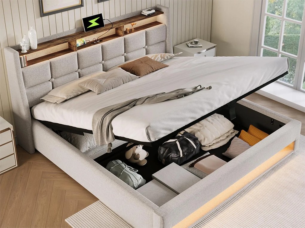 Łóżko z lnu 180x200cm z LED i portami USB - stelaż na listwach - beżowe