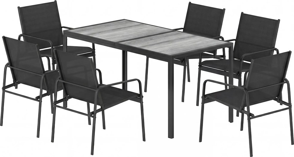 Outsunny Zestaw mebli ogrodowych komplet wypoczynkowy 150 x 80 cm stół z 6 oddychającymi krzesłami wygląd drewna stalowy stelaż Czarny | Aosom PL