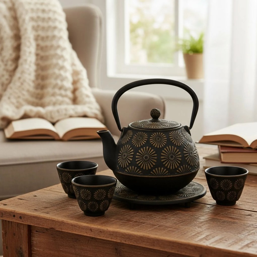 Dzbanek żeliwny z czarkami i podstawką KOGA, 1200 ml