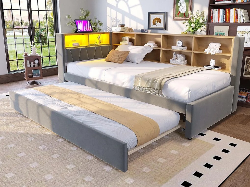 Sofa rozkładana 90x200 cm - Z wysuwanym łóżkiem 90x190 cm - z oświetleniem LED - gniazdko elektryczne - ciemnoszary (materac nie jest dołączony)