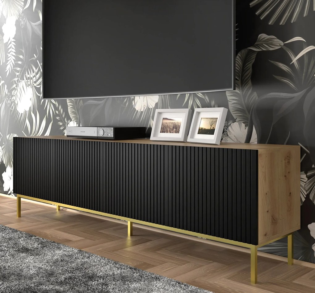 Szafka pod TV z lamelami dąb artisan + czarny - Melis 12X