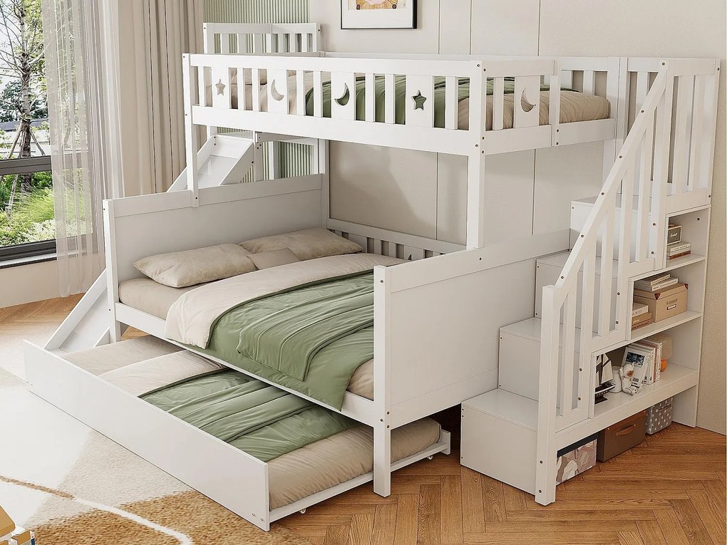 Łóżko piętrowe 90x200 + 140x200 cm - lite drewno - ze zjeżdżalnią, półką i łóżkiem wysuwanym 90x190 cm - Białe