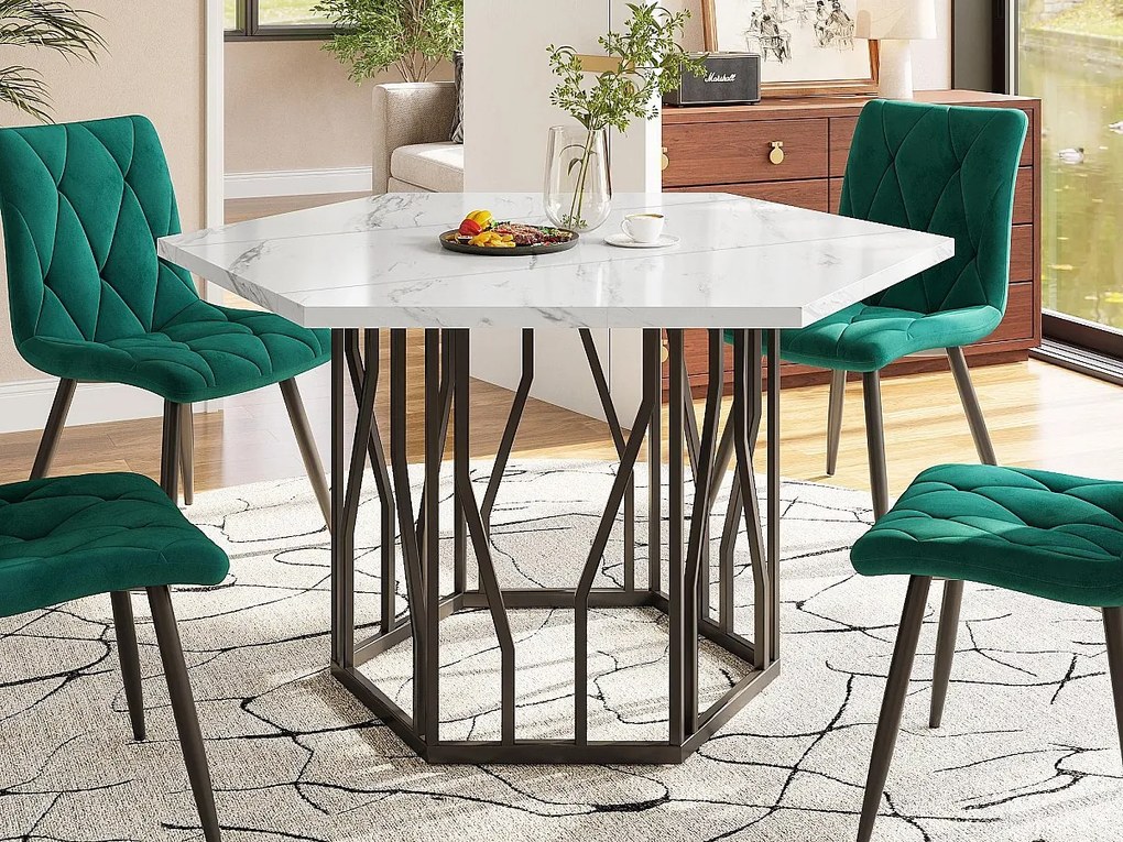 Nowoczesny stół jadalny w kształcie hexagonu, metalowa podstawa, blat z marmurowym wzorem, biały