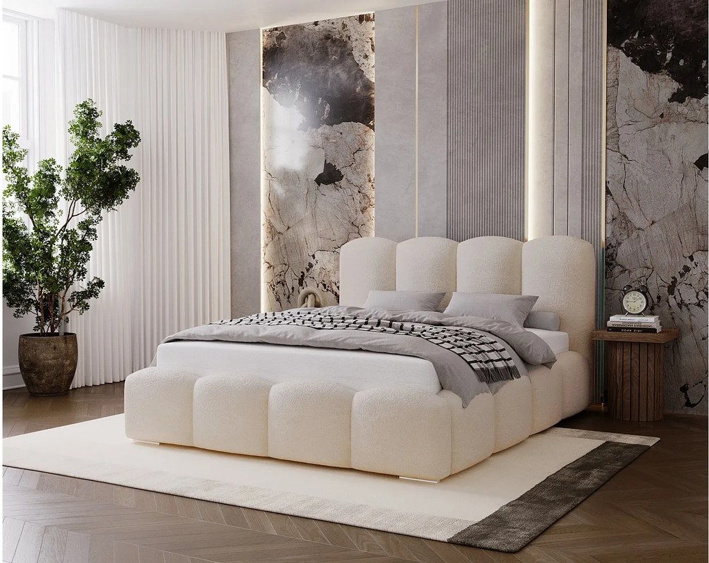 BESILIO Łóżko tapicerowane 140x200 Fluffy – łóżko chmurka boucle, z pojemnikiem na pościel i stelażem, gruba pianka, nowoczesne łóżko do sypialni – Beżowe