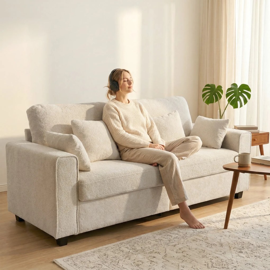 HOMCOM Beżowa Sofa 3-osobowa z Tkaniną o Strukturze Weluru, Głębokim Siedziskiem, Poduszkami z Pianki, Szerokimi Podłokietnikami i 4 Poduszkami | Aosom PL