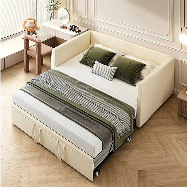 Rozkładana sofa 90-180x200 cm z beżowego aksamitu, nowoczesny design, bez schowka, solidna i wygodna