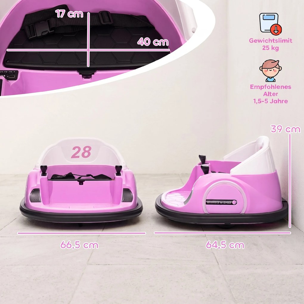 AIYAPLAY Autoscooter, obrót 360°, prędkość 2 km/h, pas bezpieczeństwa, światła LED, muzyka i klakson, Różowy | Aosom PL