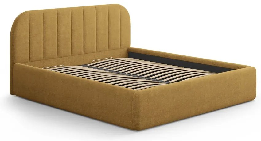 Musztardowe tapicerowane łóżko dwuosobowe ze schowkiem ze stelażem 160x200 cm Juno – Windsor &amp; Co Sofas