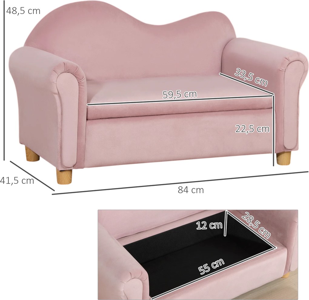 HOMCOM Sofa Dziecięca z Przestrzenią Do Przechowywania 84x415x485cm Różowa | Aosom PL