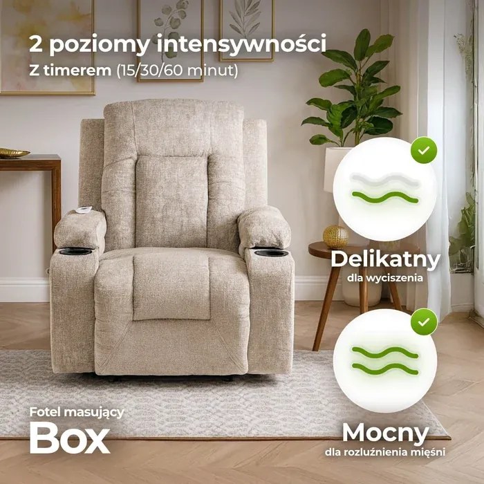 Fotel Masujący BOX Rozkładany Wypoczynkowy z Podnóżkiem Beżowy Welurowy Skandynawski