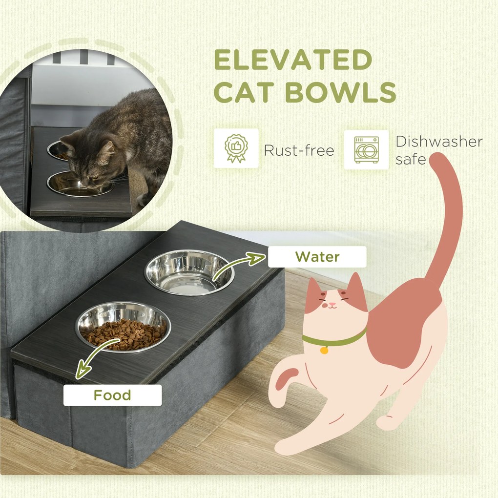 PawHut Dom dla kota z 3 schodami, 2 miskami, 70 x 50 x 51 cm, Szary