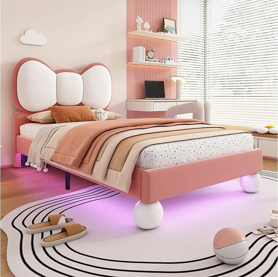Łóżko dziecięce 90x200 cm, welur różowy, łóżko pojedyncze z tapicerowanym zagłówkiem i oświetleniem LED - bez materaca