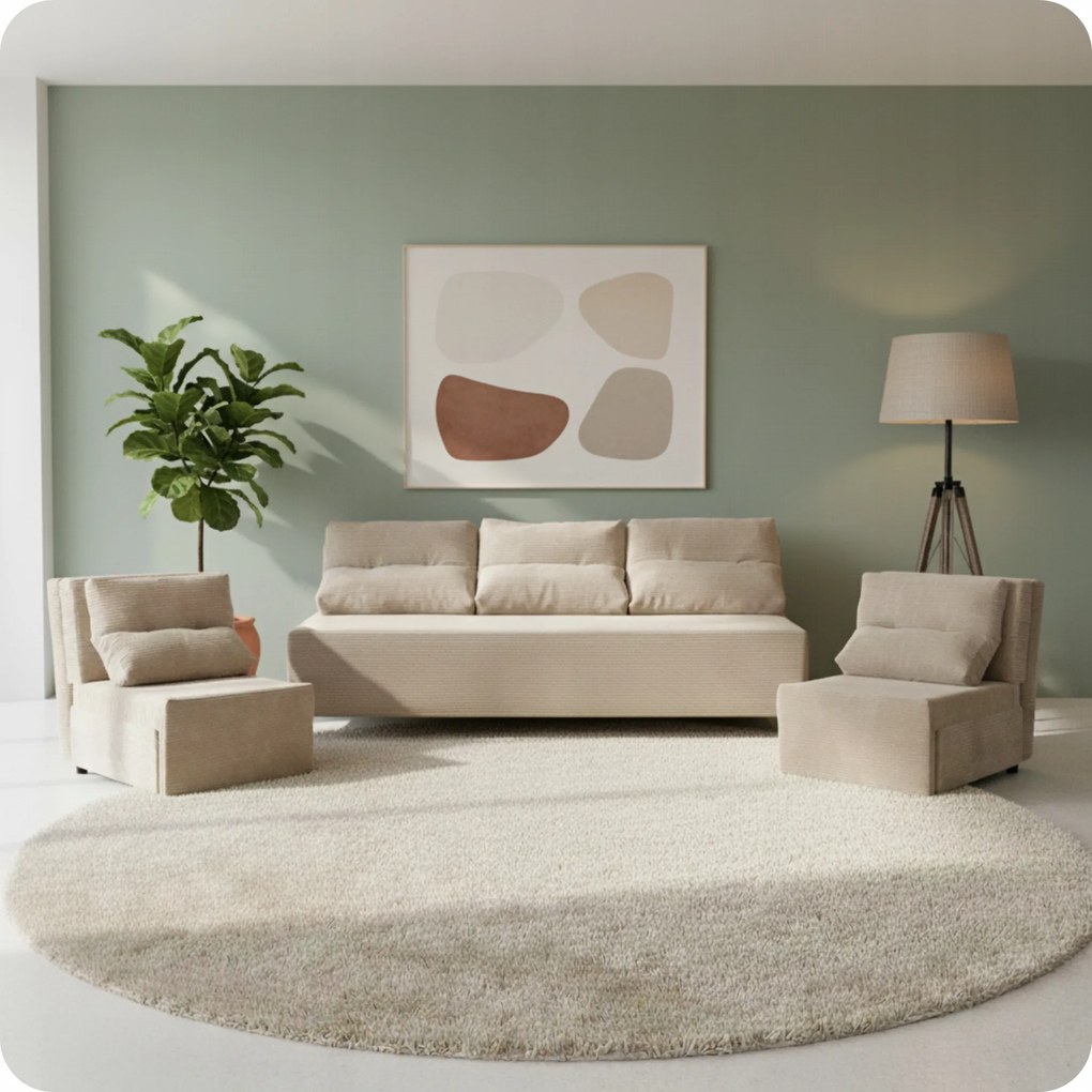 Zestaw KIMO funkcja spania sofa fotele Family Meble beżowy Hunter welur