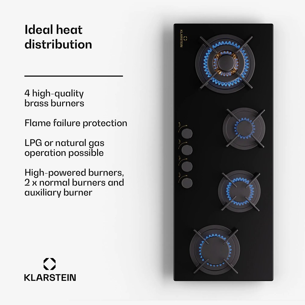 Klarstein Goldflame 4 Slim, płyta gazowa, 4-palnikowa, samowystarczalna, gaz ziemny/propan, stal nierdzewna